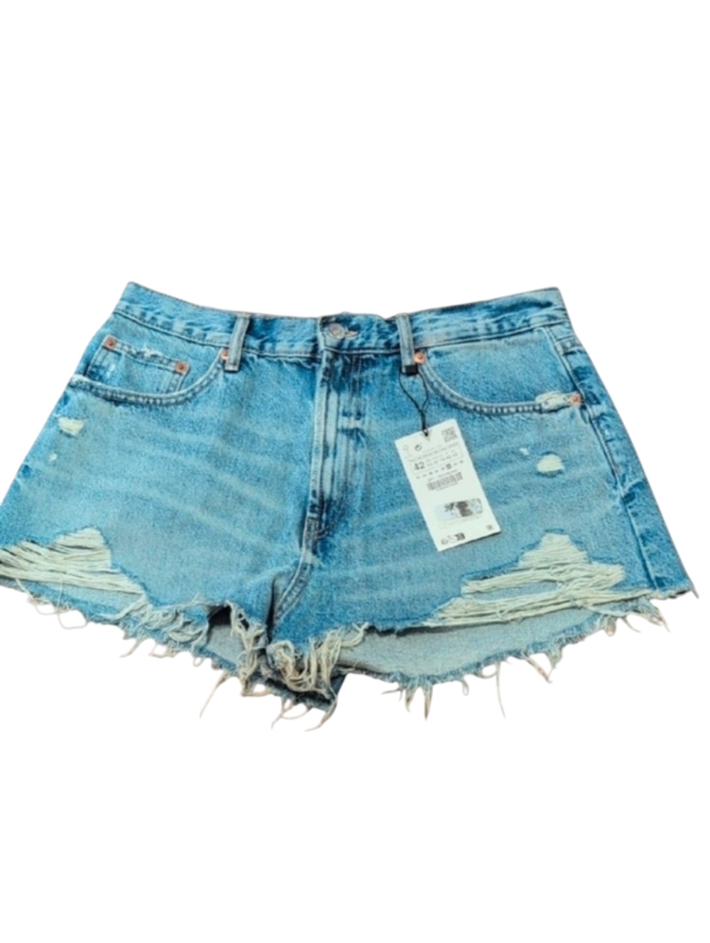 Zara Blue Distressed High-Waisted Curved Jeans Denim Shorts Size 10